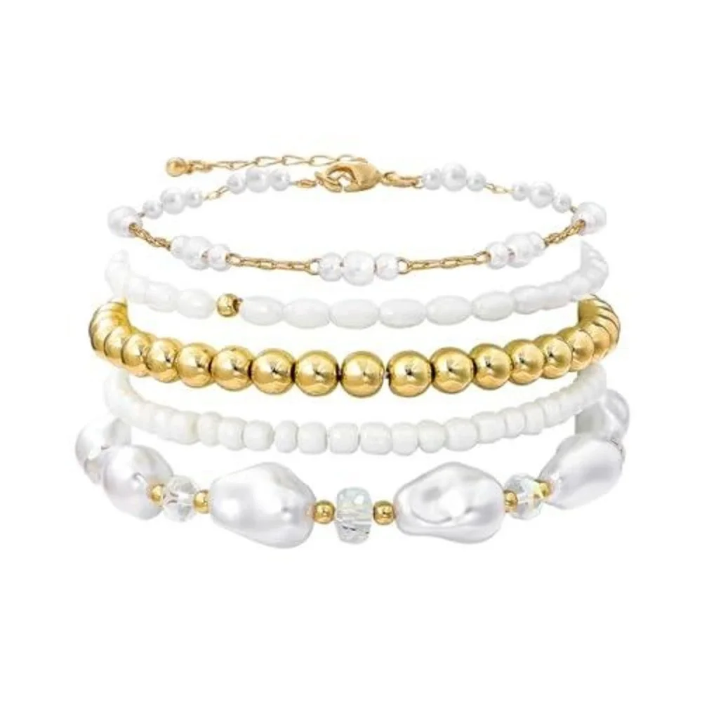 5 Piece Gold‎ White Pearl Beaded Bracelet Set Stackable Layered Jewelry Boho